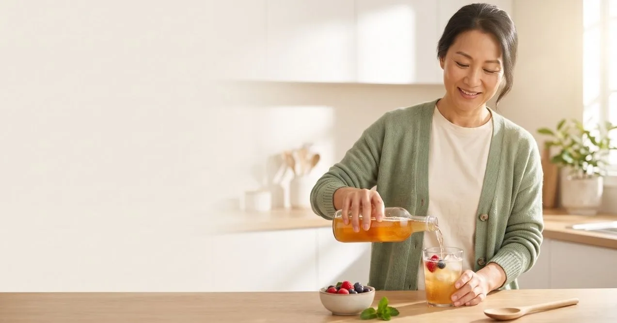 Woman pouring kombucha into a glass as part of an energizing daily routine