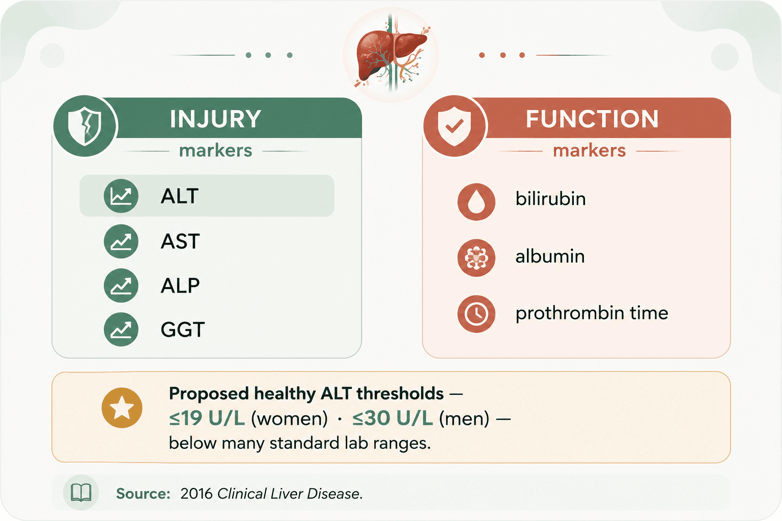 Chart comparing liver injury markers (ALT, AST, ALP, GGT) to function markers (bilirubin, albumin, prothrombin time)