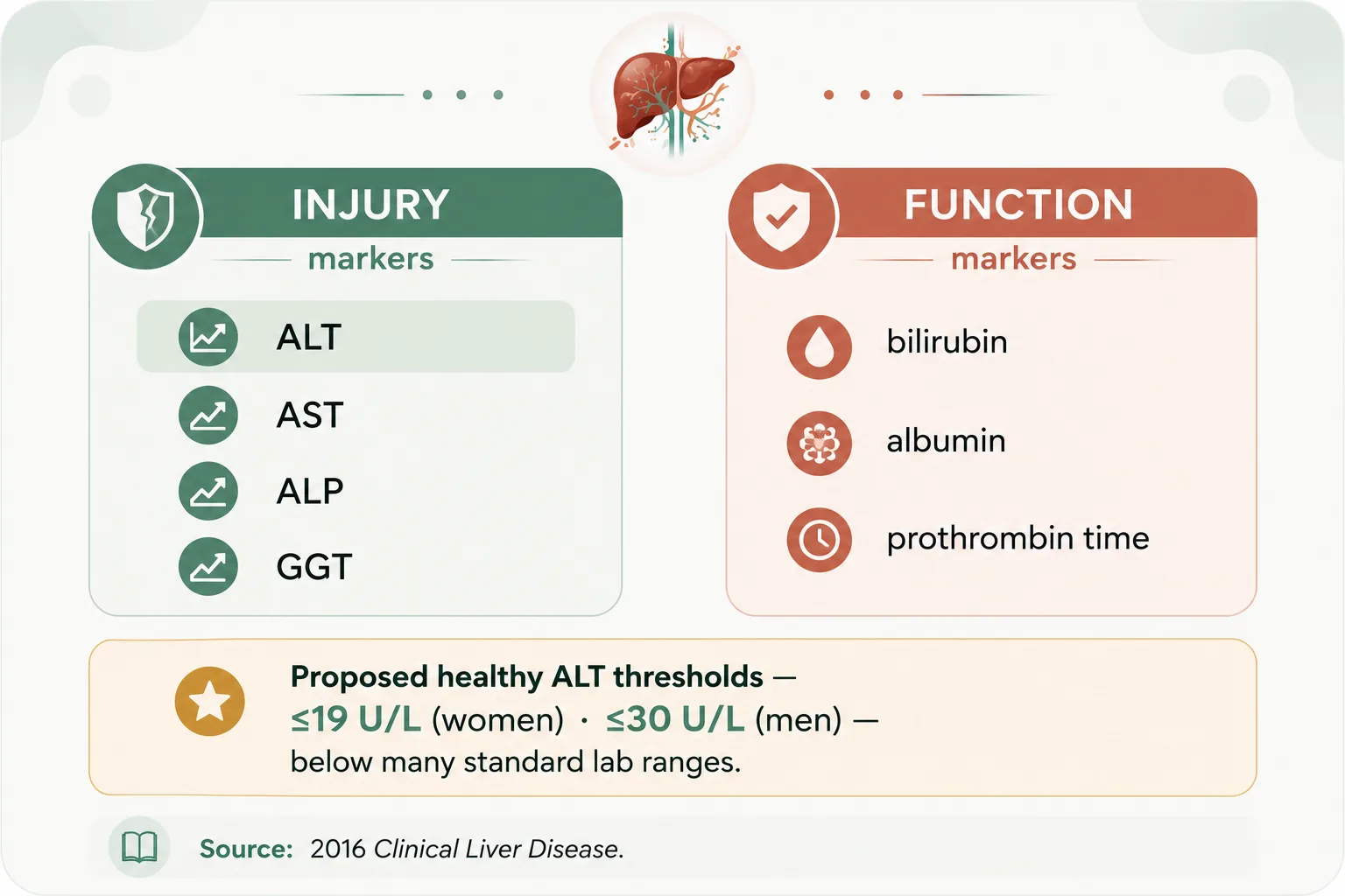Chart comparing liver injury markers (ALT, AST, ALP, GGT) to function markers (bilirubin, albumin, prothrombin time)