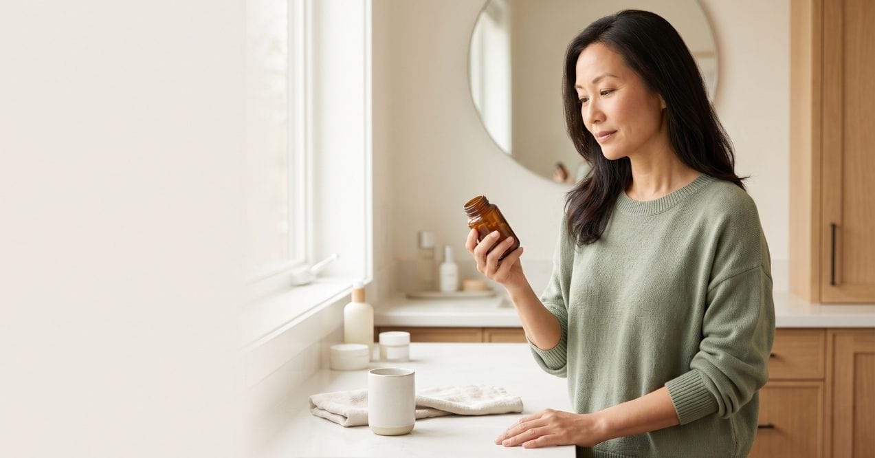 Woman holding a peptide supplement bottle as part of her wellness routine