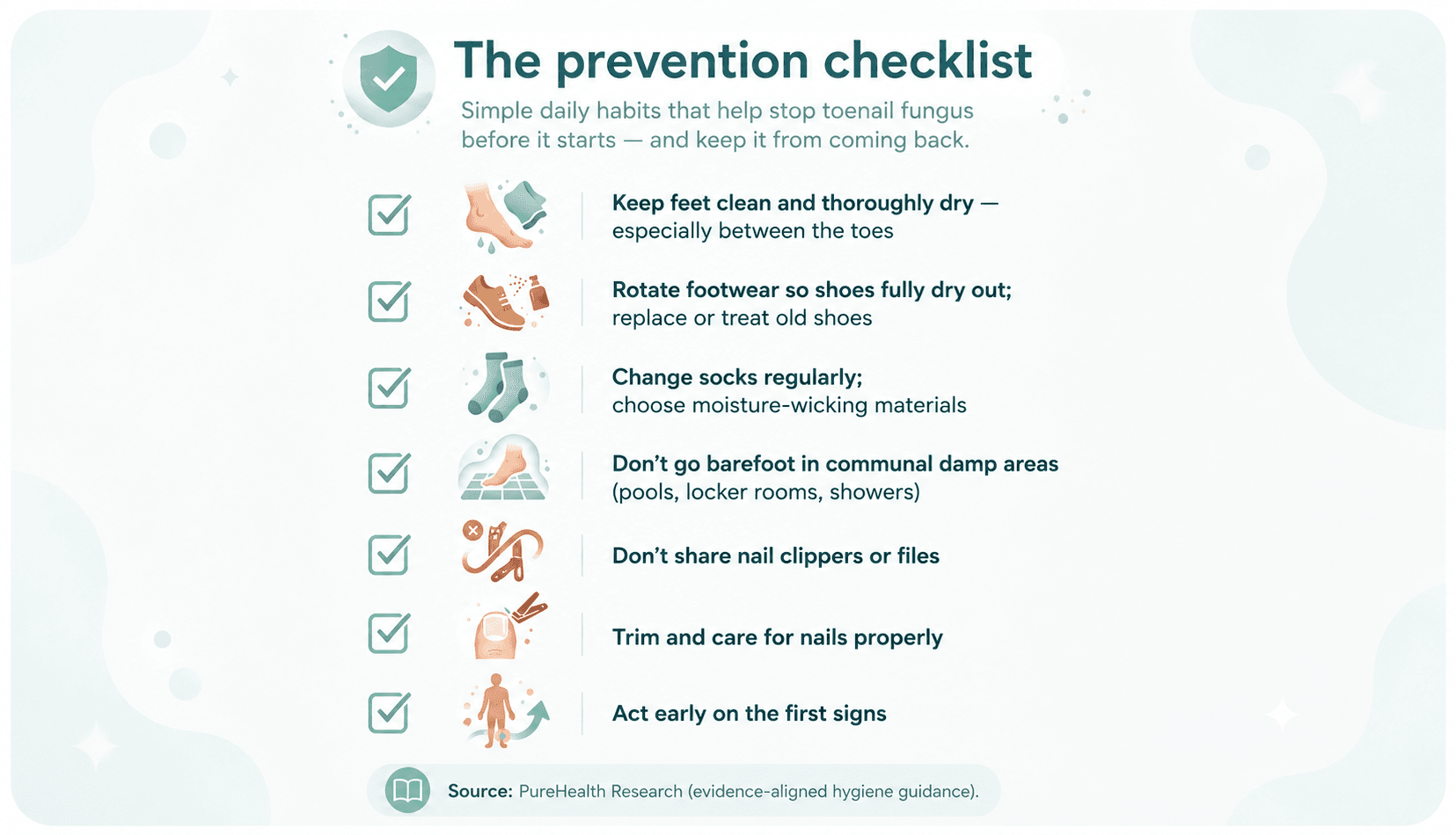 Prevention checklist for toenail fungus: dry feet, rotate shoes, change socks, avoid damp areas, proper nail care