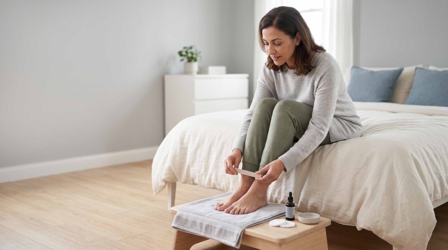 Womantoenail fungus scientific research sitting on a bed filing her toenail, with a dropper bottle and cotton pads nearby