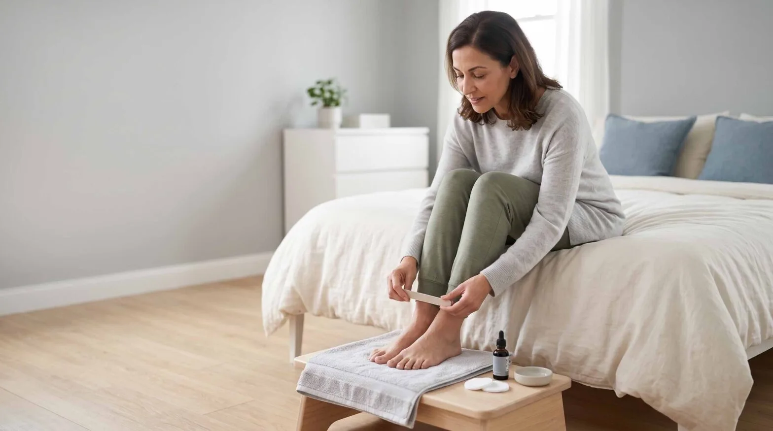 Womantoenail fungus scientific research sitting on a bed filing her toenail, with a dropper bottle and cotton pads nearby