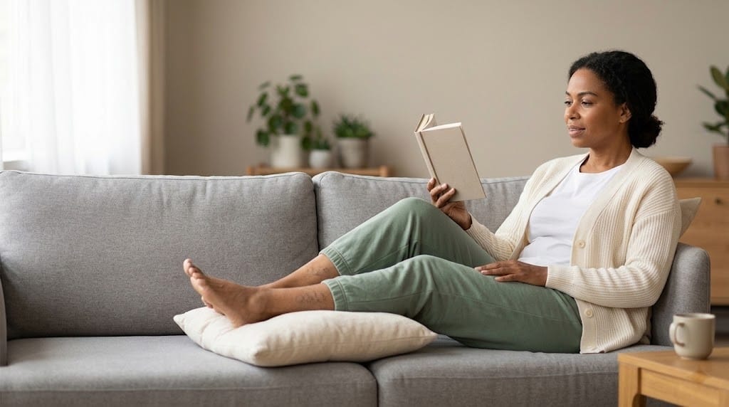 Woman with visible varicose veins reading on a couch with her legs elevated on a pillow