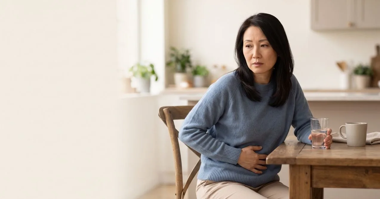 Woman holding her lower abdomen while experiencing bladder discomfort