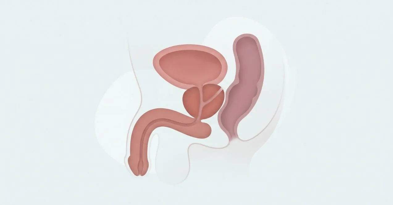 Illustration of the male urinary and reproductive system showing the prostate below the bladder