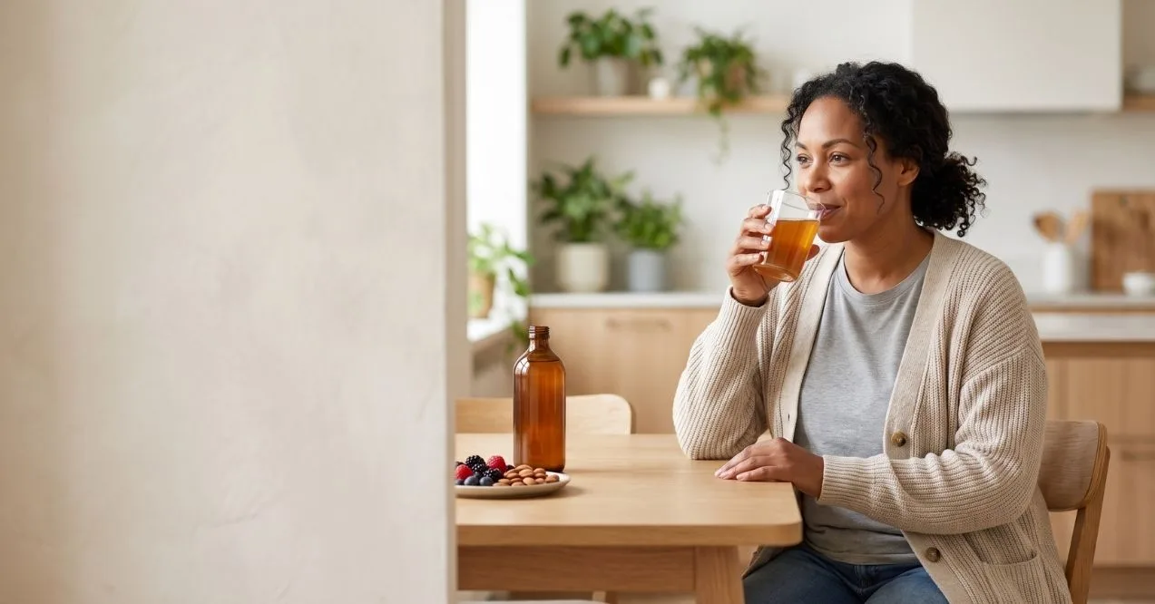 Woman drinking kombucha at a kitchen table