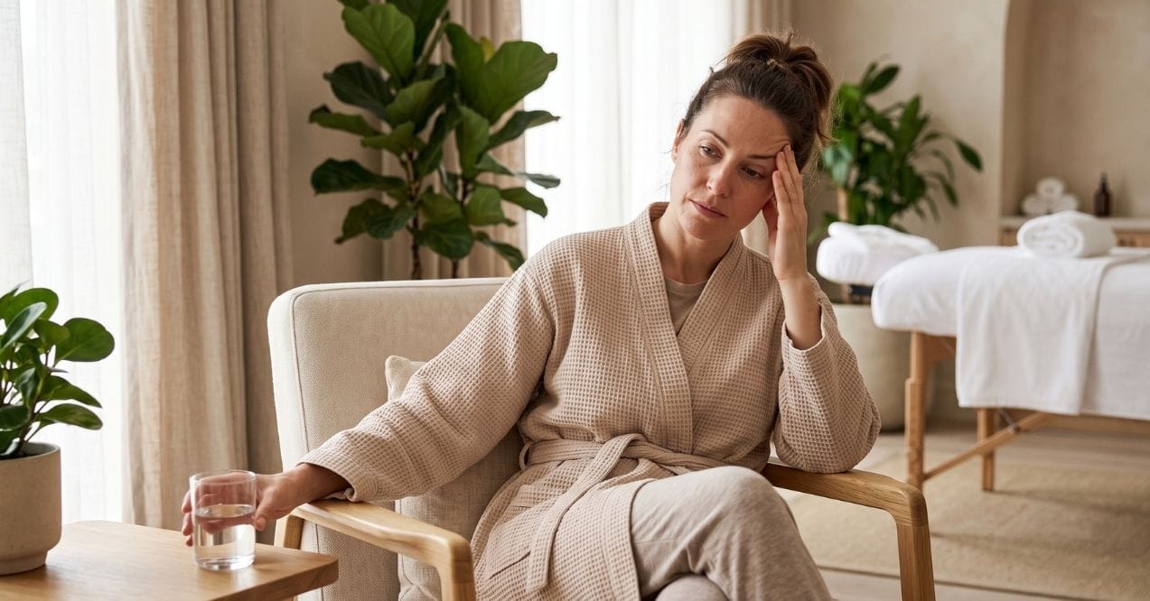 Woman resting after lymphatic drainage while experiencing fatigue and discomfort