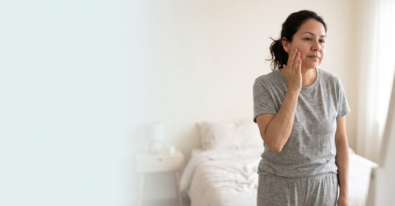 Woman touching her swollen face while checking facial puffiness