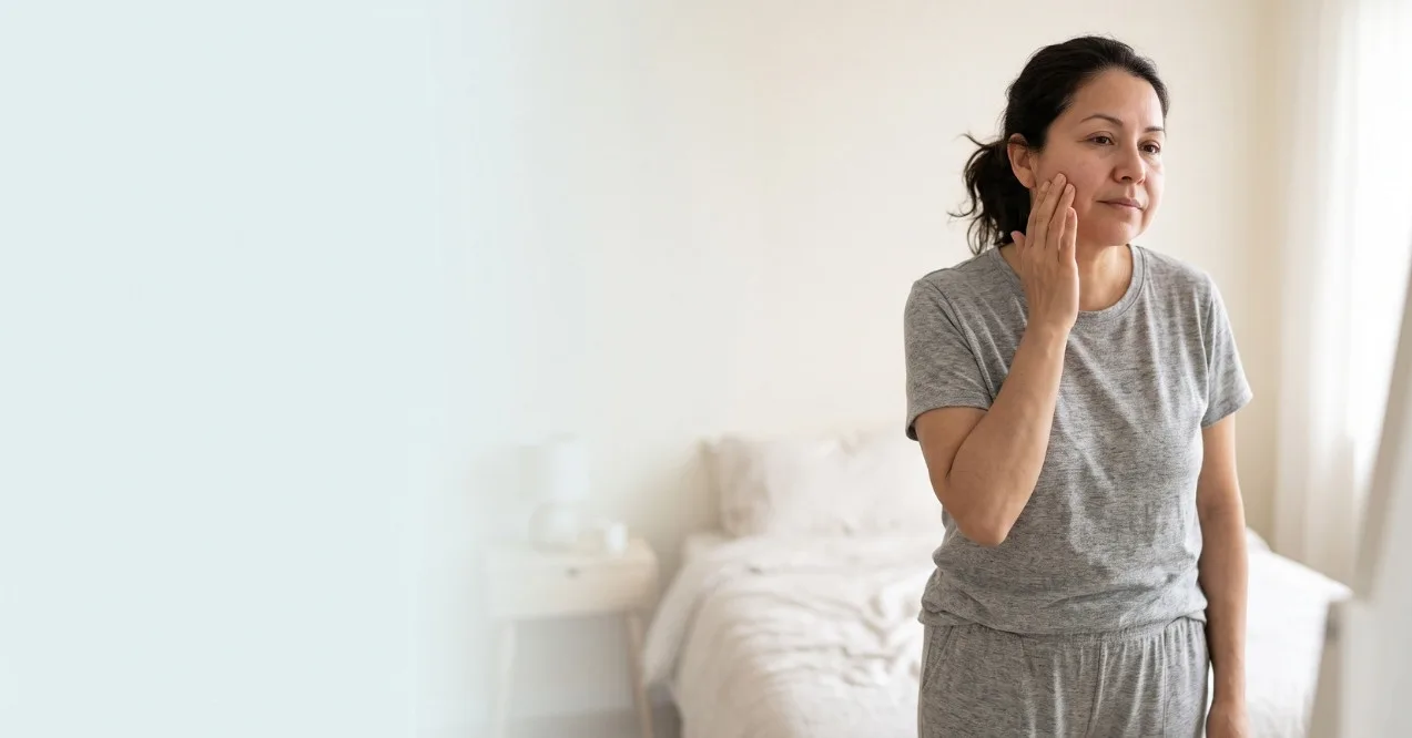 Woman touching her swollen face while checking facial puffiness