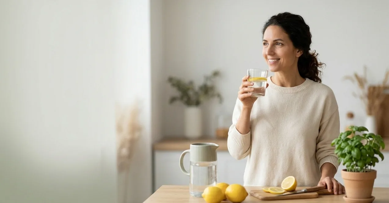 Woman drinking lemon water in a bright kitchen, representing hydration and liver wellness