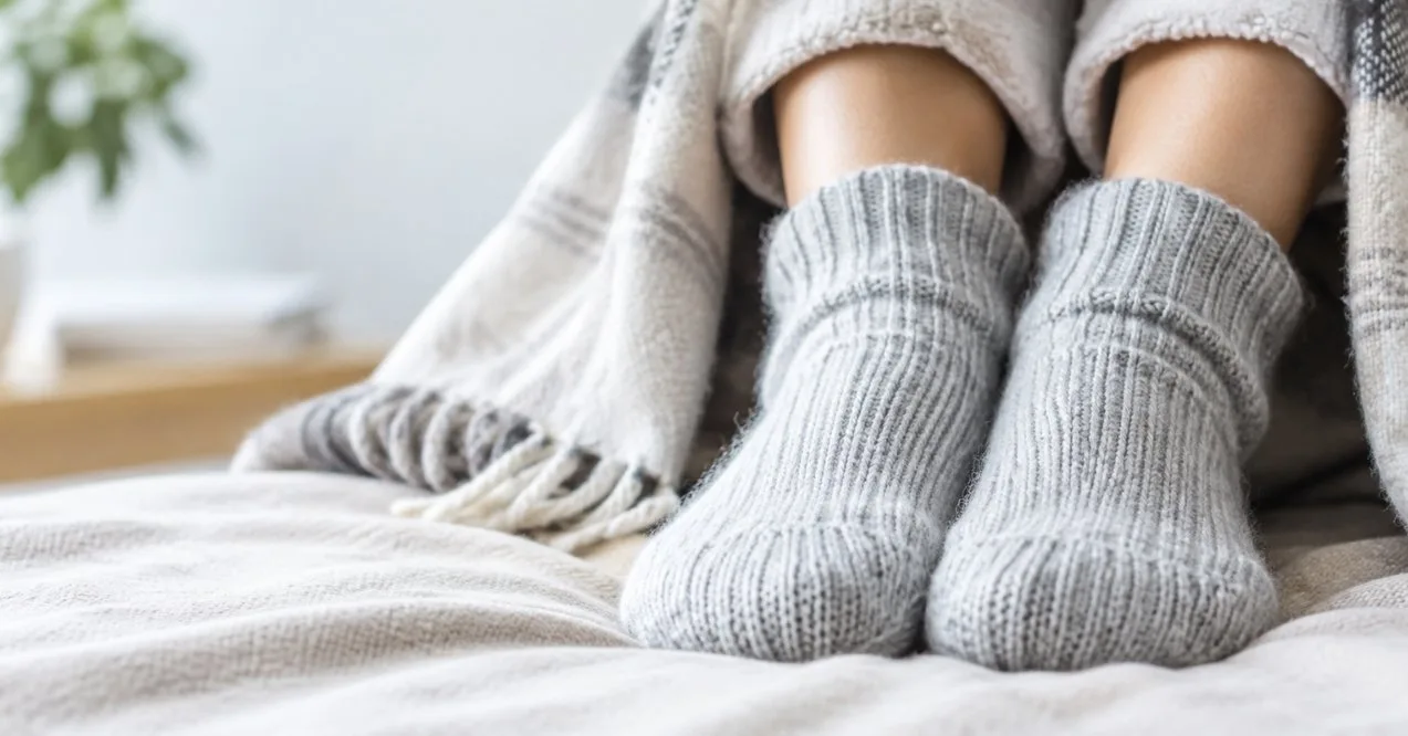 Close-up of feet in warm gray socks wrapped in a blanket, illustrating cold feet