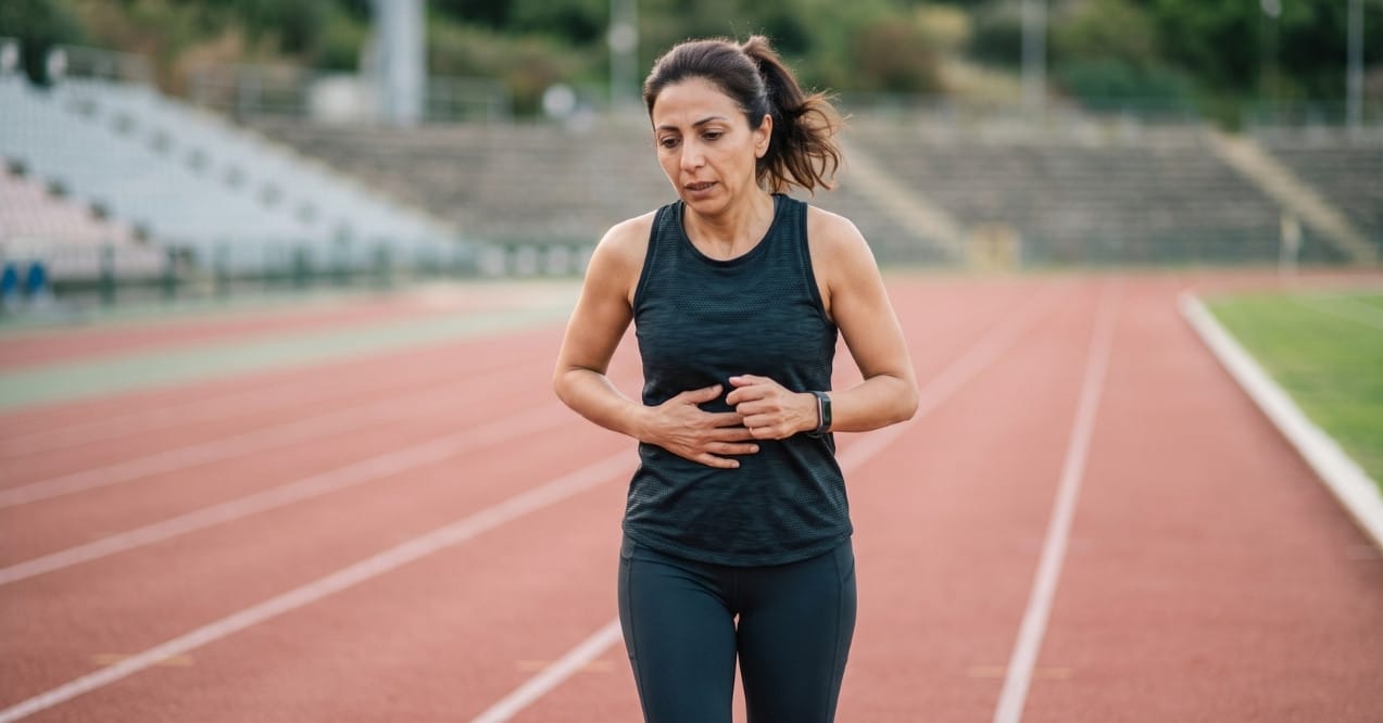 Woman experiencing abdominal discomfort on a running track