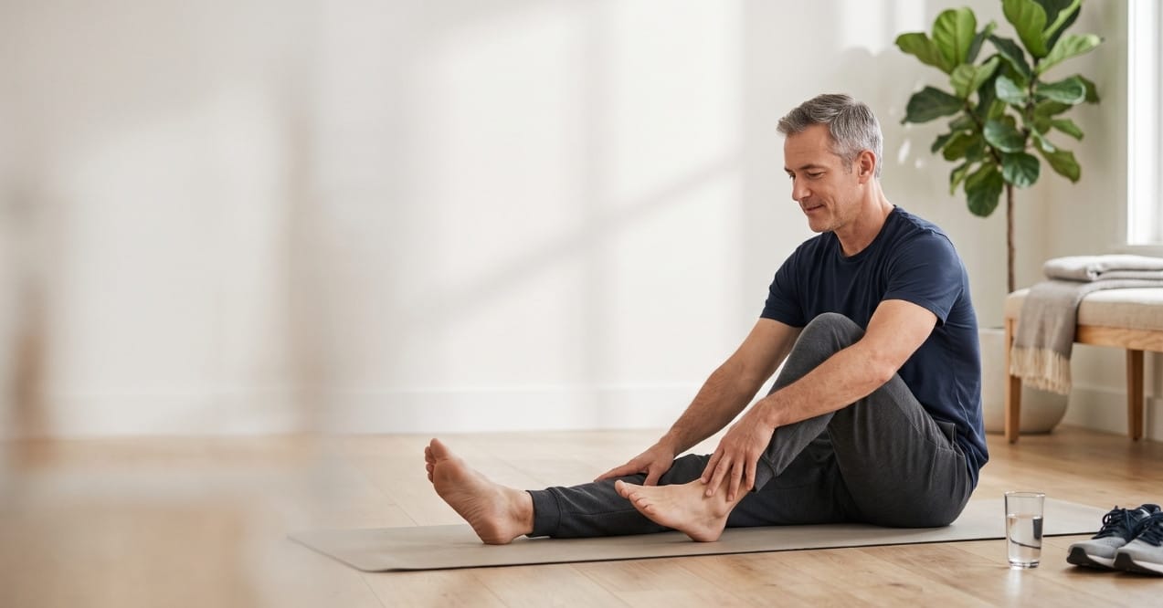 Man stretching his legs on a mat at home to support healthy circulation