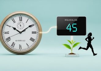 A clock showing 60 years old is connected to a digital screen showing a biological age of 45, with a plant and runner.