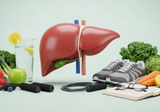 A 3D image of a healthy liver surrounded by symbols of a healthy lifestyle: fruits, vegetables, a glass of water, and exercise equipment.